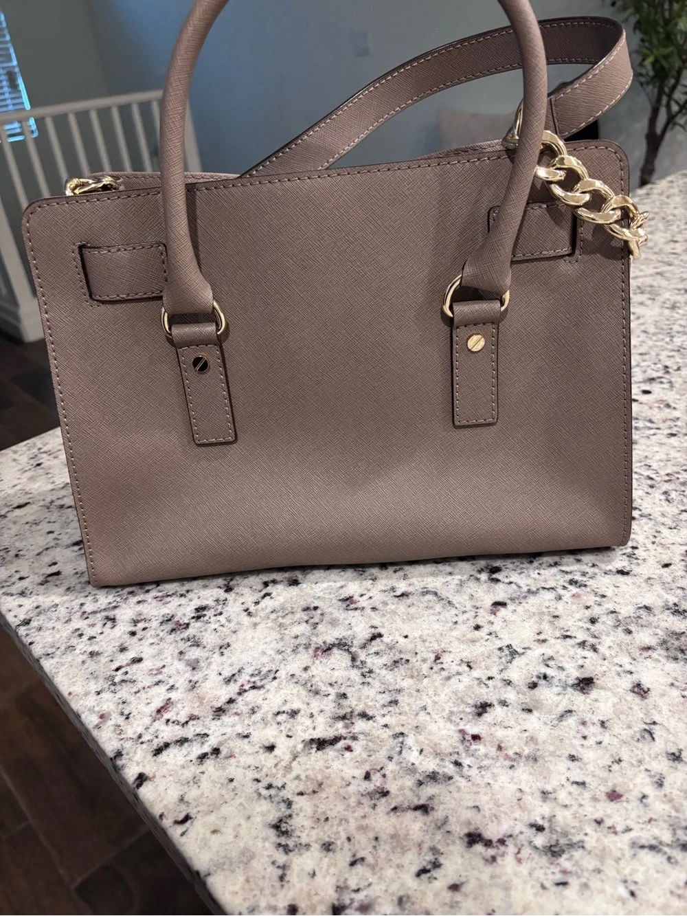 Michael Kors Leather Satchel in Mauve Gray with Gold Hardware